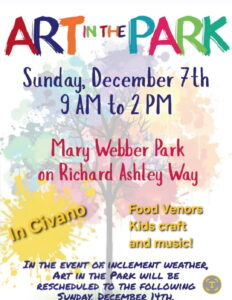 Art in the Park digital flyer. Informational flyer announcing Art in the Park event in Mary Webber Park, Sunday, Dec. 7, 2025